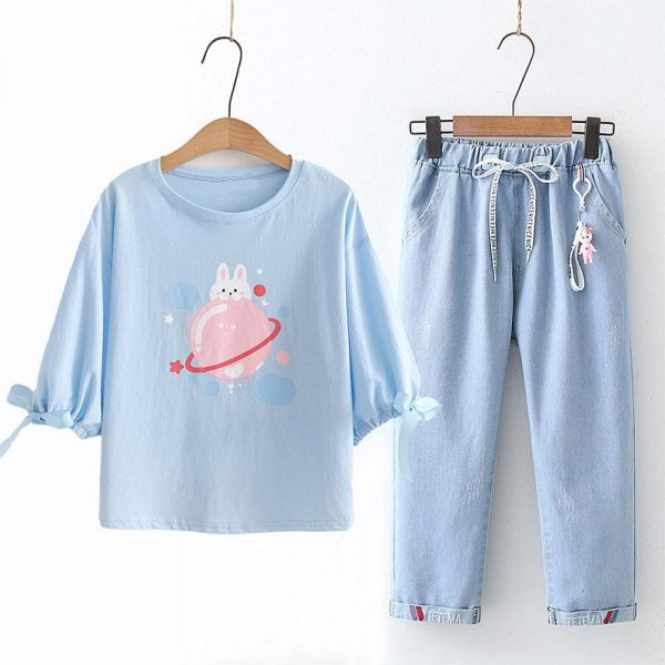 Bunny Earth Print Lace Up T-Shirt Drawstring Pants Suit - Modakawa Modakawa