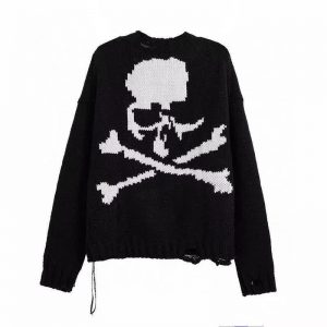 Skull Print Ripped Round Collar Knit Casaul Sweater - Modakawa Modakawa