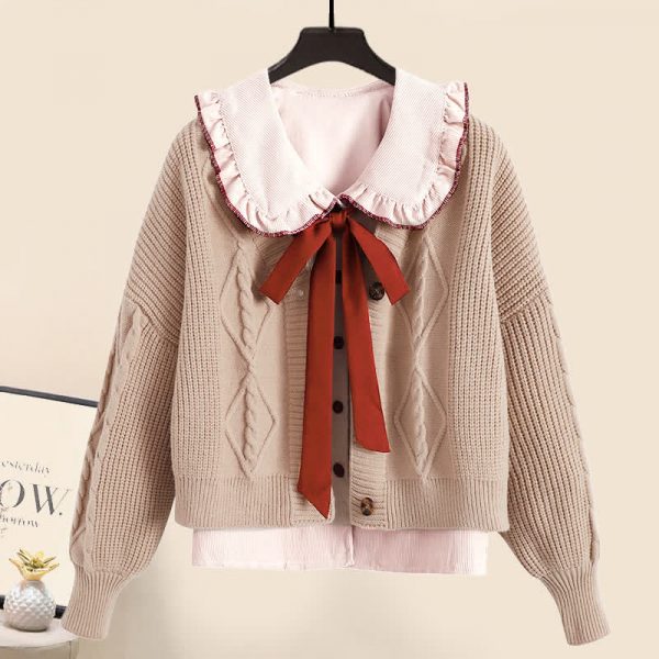 V-neck Cardigan Sweater Bow Tie Shirt Pleated Skirt Three Pieces Set - Modakawa modakawa