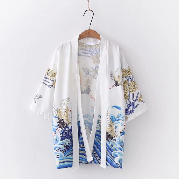 Vintage Crane Blossom Print Cardigan Kimono Outerwear - Modakawa modakawa