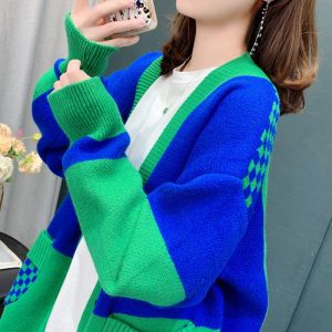 Colorblock Lattice Pocket Casual Cardigan Sweater - Modakawa Modakawa