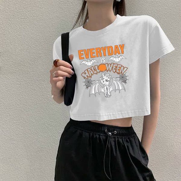 Bat Wings Letter Print Crop Top T-shirt - Modakawa Modakawa